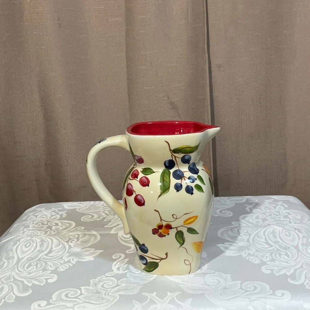 Vintage 1980s FTD Ceramic Pitcher Vase - Hand Painted Fruit Design 32oz EUC